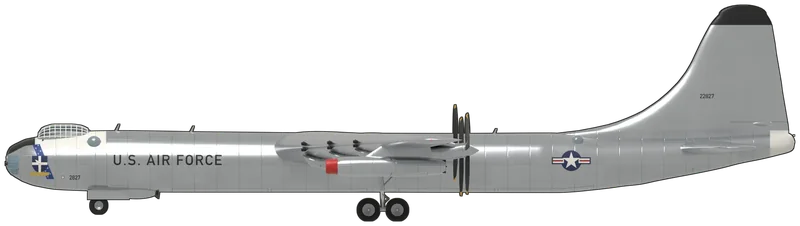 Side profile of the B-36J-III 52-2827, painted as Convair B-36J-III Peacemaker 52-2827, a ‘Featherweight III’ of Strategic Air Command, displayed at the Pima Air & Space Museum, Tucson, Arizona: the largest piston-engined bomber ever in service, with six Pratt & Whitney R-4360 Wasp Major radials driving pusher propellers from the trailing edge of its 230 ft wing and four General Electric J47 jets in two pods outboard, ‘six turning, four burning’, its gun turrets removed to the Featherweight standard: polished bare metal overall, a white panel over the crew compartment, a black anti-glare panel on the nose, the SAC ‘Milky Way’ sash and shield on the nose, ‘2827’ and ‘U.S. AIR FORCE’ on the forward fuselage, star-and-bar insignia on the rear fuselage, ‘22827’ on the fin with a black fin cap, a white tail radome and red intake cowls on the jet pods, as photographed at Pima (no B-36 is preserved in a UK museum; shape from the Convair B-36B three-view checked against photographs; wing insignia left off as no photograph shows the wings from above or below)