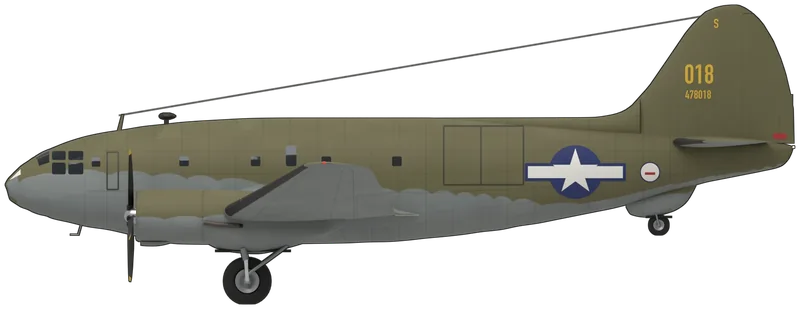 Side profile of the C-46D 44-78018, painted as Curtiss C-46D Commando 44-78018 (c/n 33414), the aircraft displayed in the World War II Gallery of the National Museum of the United States Air Force at Wright-Patterson Air Force Base, Dayton, Ohio: a twin-engined military transport with a deep ‘double-bubble’ fuselage, two Pratt & Whitney R-2800 Double Wasp radials driving four-bladed Curtiss Electric propellers, a low wing spanning 32.9 m, a single fin and rudder and a tailwheel undercarriage, shown tail down on its wheels with the cargo door closed: olive drab upper surfaces over neutral grey with a scalloped dividing line, black de-icing boots on the outer wing and tailplane leading edges, the blue-and-white star and bar on both sides of the rear fuselage, above the port wing and below the starboard wing, ‘018’ and ‘478018’ in yellow on the fin, and black propeller blades with yellow tips (shape from Curtiss and Bureau of Aeronautics three-views scaled to the published span and length, checked against photographs of this aircraft)