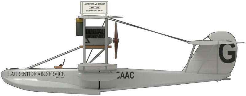 Side profile of the HS-2L G-CAAC, painted as Curtiss HS-2L G-CAAC ‘La Vigilance’ of Laurentide Air Service, Canada’s first bush aeroplane and the only surviving HS-2L, rebuilt by and displayed at the Canada Aviation and Space Museum, Ottawa: a single-engined biplane flying boat with a wooden single-step hull and wide flared sponsons, a Liberty 12 pusher engine mounted between the wings, three-bay wings with king-posts above the upper-wing overhangs, wing-tip floats and a horn-balanced rudder: silver overall, ‘LAURENTIDE AIR SERVICE’ in black serif capitals on both sides of the bow, ‘G-CAAC’ on the hull sides, a black ‘G’ on the rudder and white company sign boards on the king-posts, as photographed at Ottawa (no HS-2L is preserved in a UK museum; shape from period three-view drawings checked against photographs; the display plinth is not modelled)