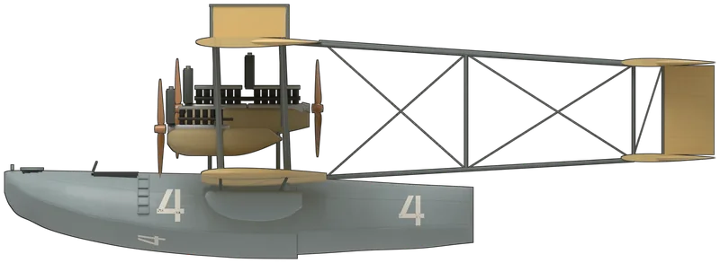 Side profile of the NC-4 A-2294, painted as Curtiss NC-4, US Navy A-2294, the flying boat that made the first flight across the Atlantic in May 1919, via Trepassey, the Azores and Lisbon to Plymouth, and the only NC boat to survive, on loan from the Smithsonian to the National Naval Aviation Museum, Pensacola, Florida: a large biplane with a short single-step hull, four Liberty engines (two outboard tractors and a tandem tractor and pusher in the raised centre nacelle), king-post panels above the long upper-wing overhangs, wing-tip floats, and a biplane tail with three rudders carried on an open outrigger truss: a blue-grey hull, floats and struts, clear-doped linen wings and tail, a white ‘4’ on each side of the forward and rear hull and under the bow, and red, white and blue stripes on the centre rudder with ‘A-2294’ in black, as photographed at Pensacola (no NC boat is preserved in a UK museum; shape from a period three-view drawing checked against photographs; the museum’s beaching cradle is not modelled)
