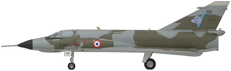 Side profile of the Mirage IIIE, painted as No. 538 ‘3-QH’, the Yorkshire Air Museum’s Dassault Mirage IIIE, a French Air Force tactical strike and attack fighter that served until 1993 and was presented to the museum at Elvington, the wartime home of the two French heavy-bomber squadrons of the RAF: Dassault’s Mach 2 tailless delta, with one SNECMA Atar 9C turbojet fed by half-cone intakes beside the cockpit, a Cyrano radar in the nose and the IIIE’s Doppler fairing beneath it, shown standing level on its tricycle undercarriage: French tactical camouflage of olive drab and light blue-grey with silver undersides, a black radome, French roundels on the intake fairings and the upper wings, red intake lips and cone tips, red ejection-seat warning triangles, a black ‘3-QH’ on both sides of the nose, white nose-gear doors carrying ‘538’ and the boar’s-head badge of EC 3/3 ‘Ardennes’ on the fin (the starboard camouflage mirrors the port side’s pattern, and the upper-wing pattern is not traced from photographs)