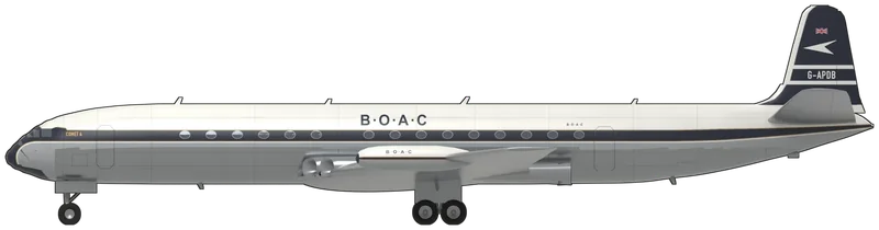 Side profile of the Comet 4, painted as G-APDB, a de Havilland DH.106 Comet 4 delivered to BOAC in September 1958, which on 4 October 1958 flew the first eastbound transatlantic jet passenger service, New York to London in 6 hours 12 minutes, then flew for Malaysian Airways as 9M-AOB from 1965 and for Dan-Air from 1969 until its last flight, into Duxford on 12 February 1974, after 36,269 hours: BOAC’s 1958 scheme with a white upper fuselage, a navy window band edged in gold that sweeps over the flight-deck glazing and the nose cap, gold ‘COMET 4’ titles behind the flight deck, a large navy ‘B·O·A·C’ above the wing, a navy fin with a white Speedbird, white bands either side of ‘G-APDB’ and a small Union flag, white pinion tanks with a navy and gold band and ‘B·O·A·C’ titles, and natural metal lower fuselage, wings and tail, as it is displayed at IWM Duxford