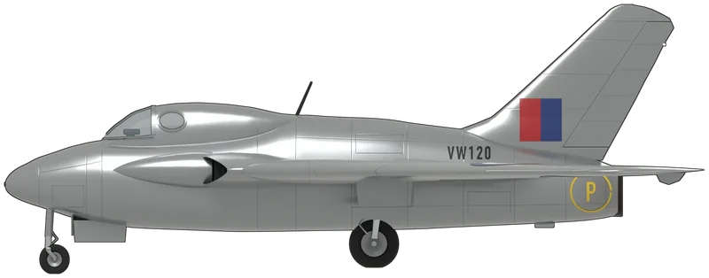 Side profile of the DH.108, VW120, painted as VW120, the third de Havilland DH.108, in 1948, when John Derry flew it to a 100 km closed-circuit speed record in April and past the speed of sound in a dive that September: a small tailless research jet with a Vampire-derived fuselage nacelle lengthened to a pointed nose, a low metal canopy with a flat-panelled windscreen and small oval side windows, wings swept at 45 degrees with leading-edge slats, elevons and small fins under the tips, wing-root intakes for its de Havilland Goblin 4 turbojet, a single swept fin and rudder and a tricycle undercarriage: high-speed silver overall, roundels above and below the wings, a red and blue fin flash, black ‘VW120’ on the rear fuselage and under the wings, and the yellow prototype ‘P’ in a ring ahead of the jet pipe, as photographed in 1948 (none of the three DH.108s survives; the shape was taken from published three-views of VW120 scaled to the published span and length, and checked against photographs; the race number it carried at the 1948 SBAC show is left off)