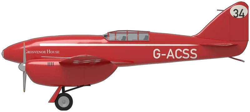 Side profile of the DH.88 Comet, painted as G-ACSS ‘Grosvenor House’, the Shuttleworth Collection’s de Havilland DH.88 Comet (c/n 1996), which C. W. A. Scott and Tom Campbell Black flew from Mildenhall to Melbourne in 71 hours to win the MacRobertson England–Australia air race of October 1934, later tested by the RAF as K5084, flown again as ‘The Burberry’ on Arthur Clouston’s long-distance record flights of 1937–38, restored to fly at Hatfield in 1987 and flown from Old Warden since 2002: the two-seat wooden racer that de Havilland designed and built in nine months, 44 ft in span, with a thin cantilever wing, a long slender fuselage seating pilot and navigator in tandem under a framed canopy, two 230 hp de Havilland Gipsy Six R engines in slim nacelles and a main undercarriage that retracted by handwheel, shown standing tail-down on its wheels and tailskid: gloss red overall with a tapering white cheat line along each side, ‘Grosvenor House’ in white small capitals on the nose, a white ‘G-ACSS’ on the rear fuselage, a black race number ‘34’ on a white oval on both sides of the fin, large white registration letters across the upper and lower wings, polished spinners and two-blade propellers with yellow tips, as it flies today (the undercarriage linkage is simplified, and the stations of the underwing letters are estimated from photographs)