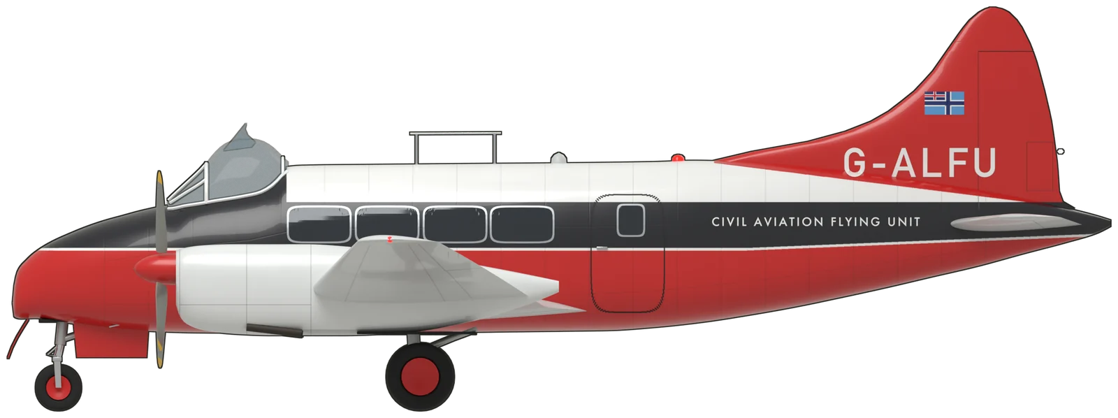 Side profile of the de Havilland Dove, Dove 6 G-ALFU, port side