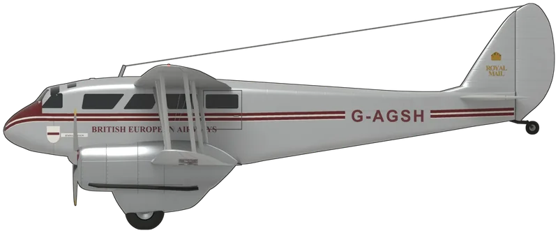Side profile of the DH.89A Dragon Rapide, painted as G-AGSH ‘Jemma Meeson’, the privately owned de Havilland DH.89A Dragon Rapide (c/n 6884) flown from Old Warden and listed by the Shuttleworth Collection, built by Brush Coachworks at Loughborough in 1945 as a Dominie, flown by British European Airways on the Highlands and Islands service as ‘James Keir Hardie’ and later, as the airline’s last biplane, between Land’s End and the Isles of Scilly as ‘Lord Baden Powell’, and owned by Philip Meeson since 1992: the six-to-eight-passenger biplane airliner of plywood and fabric, 48 ft in span, with tapered wings, two 200 hp de Havilland inline engines in nacelles on the lower wing and the main wheels in streamlined trousers beneath them, shown standing tail-down on its wheels and tailwheel: silver overall with bare metal cowlings and nacelles, a maroon nose cap, a double maroon cheat line along each side broken by a maroon ‘G-AGSH’ on the rear fuselage, ‘British European Airways’ in maroon capitals under the cabin windows, the BEA crest and the name ‘Jemma Meeson’ beneath the cockpit, a gold crown and ‘Royal Mail’ on both sides of the fin, ‘G-AGSH’ under the port lower wing and silver propellers with yellow tips, in the restored BEA colours it wears today (the cabin glazing is shown opaque, the crest is simplified, and the lower-wing ailerons follow the general-arrangement drawing)