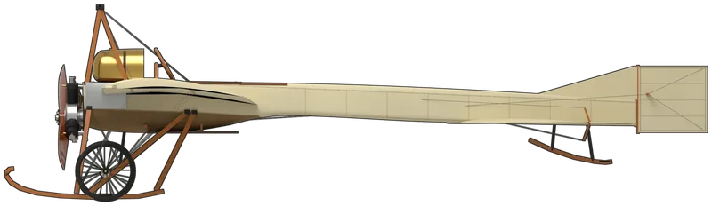 Side profile of the 1910 monoplane (Anzani), painted as G-AANH, The Shuttleworth Collection’s Deperdussin monoplane, built in France in 1910 and believed to be the 43rd Deperdussin made, among the oldest aeroplanes in the world still flying: Louis Béchereau’s wire-braced single-seat tractor monoplane, with a slightly tapered wing warped for roll control from a wheel on an inverted U-shaped yoke, a slender box-girder fuselage covered in linen with a varnished wooden shell under the nose, a swept tailplane with elevators, a low fin and a square rudder, a three-cylinder Anzani Y engine driving a two-bladed propeller, a brass fuel tank under a wooden pylon that carries the bracing wires, and a chassis of upturned wooden skids with two spoked wheels, shown standing tail-down: clear-doped cream linen with the ribs and girder showing through, orange varnished ash skids, legs and pylon, a mahogany propeller, aluminium panels round the engine bay, a black steel engine plate and no markings on the airframe, as it is flown from Old Warden (the span and length are the Collection’s figures; the fuselage follows a period three-view and the undercarriage, pylon and tail follow photographs of G-AANH, since the drawing shows a different variant; the height is estimated from photographs)