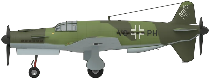 Side profile of the Do 335 A-0 W.Nr 240102 ‘VG+PH’, painted as Do 335 A-0 Werknummer 240102, the only surviving Dornier Do 335 Pfeil, captured at Oberpfaffenhofen in April 1945, shipped to the United States aboard HMS Reaper, restored by Dornier in 1975 and displayed at the Smithsonian’s Steven F. Udvar-Hazy Center, Chantilly, Virginia, with the factory codes ‘VG+PH’: a single-seat heavy fighter with two Daimler-Benz DB 603 engines in tandem, one pulling a three-blade propeller at the nose behind an annular radiator and one behind the cockpit pushing a second propeller at the tail, a belly radiator scoop for the rear engine, a straight tapered low wing, a cruciform tail with dorsal and ventral fins and a tricycle undercarriage: a splinter of dark and light green over light blue undersides, a dark green nose cowl and tail, black codes either side of a white-outlined fuselage cross with the rear exhaust stacks running through it, a white-outlined swastika and ‘102’ on the fin, white-outlined crosses above the wings and black crosses below, black-green spinners and propellers, and the nose and inner main-gear doors hanging open, as photographed at Udvar-Hazy (no Do 335 is preserved in a UK museum; shape from a Wikimedia Commons three-view checked against photographs, with the main-gear track estimated from a head-on photograph; the wing and tail splinter follows the balance of the photographs rather than tracing each panel, the fuselage camouflage is mirrored side to side and the small stencils are left off)