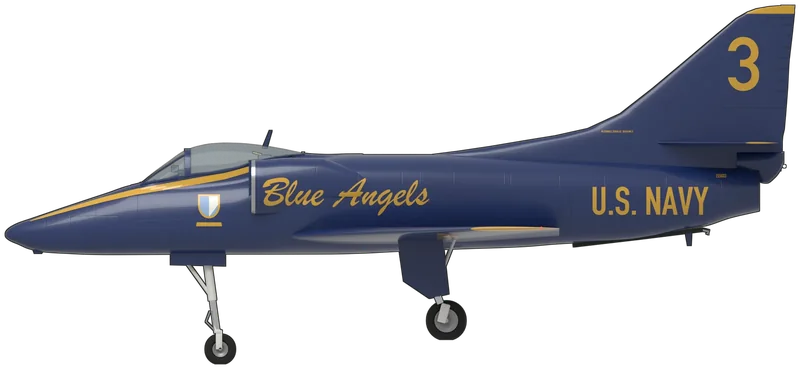 Side profile of the A-4F BuNo 155033, painted as Douglas A-4F Skyhawk BuNo 155033, Blue Angel 3, one of four Blue Angels A-4Fs hung in diamond formation in the Blue Angel Atrium of the National Naval Aviation Museum, Pensacola, Florida, where it flies the left-wing slot: Ed Heinemann’s small single-seat carrier attack jet with a Pratt & Whitney J52 turbojet, a compact delta-like wing with leading-edge slats, side intakes and a tall swept fin: Blue Angels gloss blue overall with gold wing tips, tailplane tips and fin cap, a large gold ‘3’ on the fin, gold ‘U.S. NAVY’ on the rear fuselage and under the port wing, ‘Blue Angels’ script along the intakes, the team crest below the windscreen and a gold stripe along the nose and canopy sill, without the avionics hump, refuelling probe or guns, as photographed at Pensacola, shown on its undercarriage although it hangs gear-up (no Skyhawk is preserved in a UK museum; shape from an A-4E three-view drawing checked against an A-4M drawing and photographs)