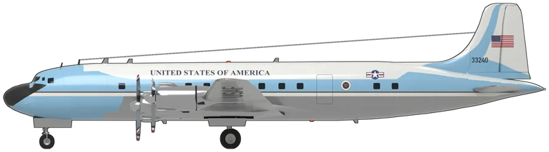 Side profile of the VC-118A 53-3240, painted as Douglas VC-118A Liftmaster 53-3240, the VIP C-118A of the Special Air Missions fleet that flew Presidents Kennedy and Johnson on shorter trips, displayed at the Pima Air & Space Museum, Tucson, Arizona: the military DC-6A, Douglas’s pressurised four-engined transport with four Pratt & Whitney R-2800 Double Wasp radials driving three-bladed propellers, a long circular-section fuselage, a straight-tapered wing with 7° dihedral and twin-wheel main gear retracting into the inner nacelles: a black nose cap, light blue over the flight deck sweeping into a light-blue window cheatline with a bronze pinstripe and white stripe beneath, light blue under the nose, white upper fuselage and fin, polished natural metal below and on the wings and nacelles, ‘UNITED STATES OF AMERICA’ on both sides, the presidential seal by the port door, star-and-bar insignia ahead of the fin, the US flag and ‘33240’ on the fin and ‘USAF’ under the port wing, as photographed at Pima (no DC-6 or C-118 is preserved in a UK museum; shape from the US Navy R6D-1 three-view checked against photographs; the fin height follows the published 28 ft 8 in rather than the drawing’s side view, and stencils are left off)