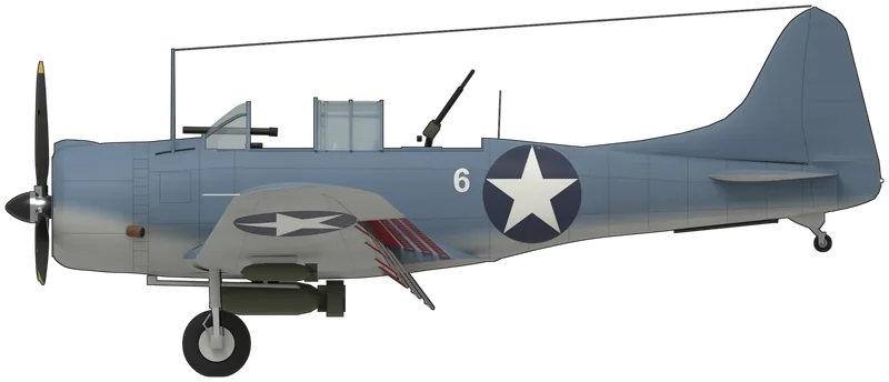 Side profile of the SBD-2 BuNo 2106, painted as Douglas SBD-2 Dauntless, US Navy BuNo 2106, the oldest surviving Dauntless and the only known survivor of the Battle of Midway, where it bombed the carrier Hiryū with Marine squadron VMSB-241 on 4 June 1942; lost in Lake Michigan in 1943, raised in 1994 and restored at the National Naval Aviation Museum, Pensacola, Florida: a two-seat carrier dive-bomber with a Wright Cyclone radial in a NACA cowl, a long greenhouse canopy, a tapered low wing with perforated split dive flaps, a tall fin and a 500 lb bomb on the centre-line crutch: Blue Gray upper surfaces over Light Gray, the blue-and-white star on the fuselage sides and wings, a white ‘6’ ahead of the fuselage star, the lower flaps lowered and twin guns raised in the rear cockpit, as photographed at Pensacola (no Dauntless is preserved in a UK museum; shape from an SBD-3 three-view drawing checked against the BuAer drawing and photographs)