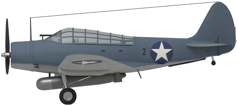 Side profile of the TBD-1 1512 ‘6-T-2’, painted as Douglas TBD-1 Devastator BuNo 1512, ‘6-T-2’ of Torpedo Squadron Six (VT-6), USS Enterprise, as spotted for launch at the Battle of Midway on 4 June 1942, about two hours before it was lost with Ensign Severin Rombach and ARM2c Wilburn Glenn: a three-seat carrier torpedo bomber with a Pratt & Whitney Twin Wasp radial in a NACA cowling, a three-blade propeller, a long framed greenhouse canopy over the three crew, a low wing with corrugated upper skin and outer panels that folded upward, main wheels that retracted only halfway into fairings under the wing, and a Mk 13 torpedo slung semi-recessed under the belly, shown tail down on its wheels with the wings spread: non-specular Blue Gray upper surfaces and fuselage sides over Light Gray undersides, black propeller blades, a white star on a blue disc without the red centre on each side of the rear fuselage and above and below each wing, and a black ‘2’ ahead of the fuselage star, as photographed aboard Enterprise in May and June 1942 (no Devastator survives anywhere; shape from a TBD-1 three-view, scaled to the published dimensions and checked against wartime photographs; the photographs are black and white, so the colours are the standard 1942 US Navy finish, the upper port wing star follows the rule of the time rather than a photograph, and the canopy is shown closed)