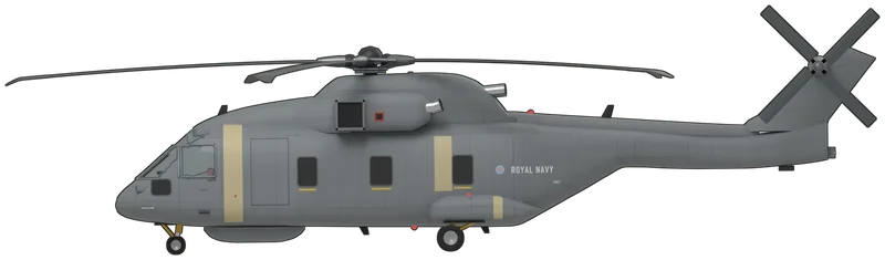 Side profile of the Merlin HM.1, painted as ZH821, Morayvia’s EH Industries EH101 Merlin HM.1, the first production Merlin for the Royal Navy, first flown in December 1995, shown at Farnborough in 1996, withdrawn in 2010 and on display at Kinloss since 2019: the Royal Navy’s anti-submarine helicopter, with a five-bladed main rotor 61 ft in diameter with swept, drooped BERP-style tips, three Rolls-Royce Turbomeca RTM322 turboshafts on top of the cabin, a four-bladed tail rotor on the port side of the tail pylon with a tailplane on the starboard side, a chin radome for the Blue Kestrel radar, a sliding cabin door on the starboard side and the main wheels retracting into side sponsons, shown standing on its wheels with the rotors parked: Royal Navy medium grey overall with sand-coloured sealant strips over panel joints, a low-visibility pale blue and pink roundel ahead of a white ‘ROYAL NAVY’ on both sides of the rear fuselage, a small white ‘ZH821’ below it, yellow bars under the cabin windows and dark grey rotor blades, restored to complete flying configuration (at Morayvia it has lost its tail pylon, rotors and radome, so the pylon and rotors follow photographs of ZH821 at Farnborough in 1996, the radome follows in-service HM.1s, the starboard door is shown closed and the main blades are parked with one over the nose)