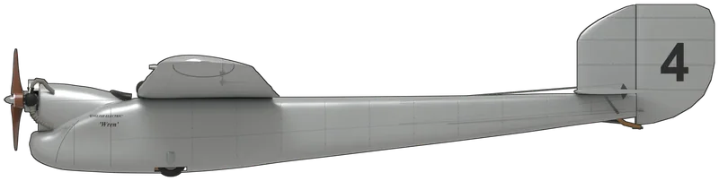Side profile of the Wren (1923), Lympne No. 4, painted as G-EBNV, the Shuttleworth Collection’s English Electric Wren, the only survivor of the three built at Preston and the machine that flew in the 1923 Lympne light aeroplane trials as No. 4, later rebuilt by English Electric with parts of a second Wren: W. O. Manning’s single-seat ultralight with a long, high-aspect-ratio wing set low on a slab-sided fuselage of deep keel section, ailerons outboard, wire hoop skids under the tips, a straight-edged fin and square-topped rudder, and a 398 cc ABC flat twin on the nose driving a two-bladed propeller, shown standing tail-down on its two small keel wheels and ash tail skid as displayed and flown at Old Warden: aluminium dope all over, a black ‘4’ on both faces of the rudder, ‘ENGLISH ELECTRIC’ and a script ‘Wren’ on each side of the nose, a black leather pad on the leading edge by the cockpit and a varnished mahogany propeller (shape from a published three-view scaled to the 37 ft span, with the fin, rudder and nose following photographs of G-EBNV)