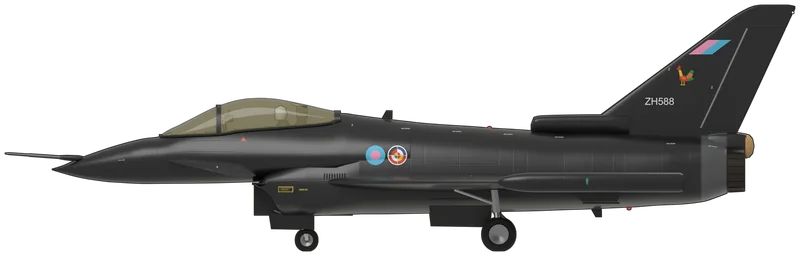 Side profile of the Typhoon DA2, painted as ZH588, the RAF Museum London’s Eurofighter Typhoon development aircraft DA2, the first British-assembled Eurofighter, first flown from Warton on 6 April 1994, used by British Aerospace for flight-envelope and flight-control trials, later re-engined with Eurojet EJ200s, and hung from the roof of the Hendon hall since its retirement: the RAF’s current front-line fighter in prototype form, 35 ft 11 in in span, with two afterburning turbofans fed by a chin intake under the cockpit, a delta wing, all-moving canard foreplanes beside the cockpit, a single swept fin and a bubble canopy, shown standing level on its tricycle undercarriage with large black instrumentation pods on the wing tips, an empty pylon under each outer wing and a flight-test air-data boom on the upper port side of the radome: gloss black overall with a gold-tinted canopy, a pink and light-blue low-visibility RAF flash near the top of the fin, a cockerel badge and a white ‘ZH588’ lower on the fin, a low-visibility RAF roundel and the four-nation Eurofighter development roundel on each side of the fuselage and on the upper wings, white ‘NO STEP’ stencils and a yellow rescue panel, as displayed (it hangs with its wheels up, so the undercarriage follows production Typhoons, the cockerel badge is simplified and the upper-wing roundel positions are approximate)