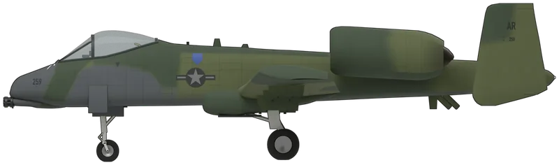 Side profile of the A-10A, painted as 77-0259, IWM Duxford’s Fairchild Republic A-10A Thunderbolt II, which flew with the US Air Force’s 10th Tactical Fighter Wing from RAF Alconbury and was flown to Duxford when it retired in 1992, and is now shown in the American Air Museum: the US Air Force’s single-seat close-support aircraft, 57 ft 6 in in span, with a long straight wing ending in drooped tips, main undercarriage in pods under the wing that leaves the wheels partly exposed, two General Electric TF34 turbofans in nacelles on pylons high on the rear fuselage, twin fins at the tips of the tailplane, a bubble canopy and the muzzle of the seven-barrel GAU-8/A Avenger cannon under the nose, with the nosewheel offset to starboard, shown standing on its tricycle undercarriage with all eleven pylons empty: ‘European I’ wrap-around camouflage in dark green, medium green and dark grey, a black ‘259’ on the nose, low-visibility national insignia with the USAFE shield above it, ‘AR’ over ‘259’ on the outer faces of the fins and the white refuelling-receptacle guide lines on the nose (no photograph shows the upper surfaces of the wings and tailplane, so their two-green pattern is not a copy of the real one, and the starboard fuselage mirrors the photographed port side)