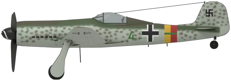 Side profile of the Ta 152 H-0 150020 ‘Green 4’, painted as Focke-Wulf Ta 152 H-0 Werknummer 150020, ‘Green 4’ of the Stab of Jagdgeschwader 301 in the spring of 1945, the only Ta 152 to survive: a single-seat high-altitude fighter developed from the Fw 190 D, with a Junkers Jumo 213E inverted-V12 behind an annular radiator in a long round cowling, a broad three-blade propeller, a long, slender wing spanning 14.44 m, a lengthened rear fuselage, a bubble canopy and a tall broad fin, shown tail down on its wheels: RLM 81 and 82 splinter on the upper surfaces, RLM 76 sides and undersides with a light mottle of 81 and 82 on the sides and fin, JG 301’s yellow and red Reich Defence band with a thin green Stab bar around the rear fuselage, a green ‘4’ ahead of the black and white fuselage cross, black outline crosses on the wings and a black swastika edged white on the fin, and a black spinner with a white spiral (no Ta 152 is in a UK museum; the survivor is in storage at the Smithsonian’s Steven F. Udvar-Hazy Center; shape from a Ta 152H three-view scaled to the published dimensions and checked against photographs of this aircraft as FE-112; no colour photograph shows ‘Green 4’, so the shades, splinter pattern and band widths follow published profiles and the NASM conservators’ findings, and the Werknummer follows NASM, though some sources give 150010)