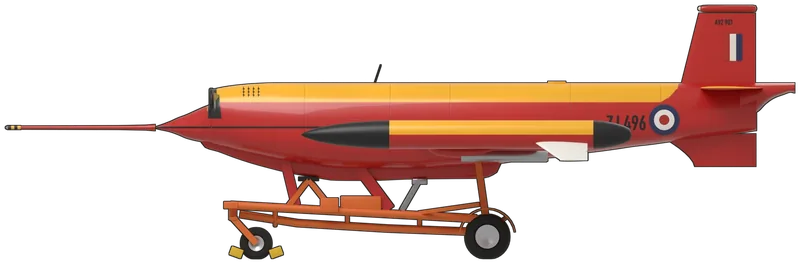 Side profile of the Mk.104A, painted as ZJ496, the Farnborough Air Sciences Trust Museum’s GAF Jindivik Mk.104A, Australian serial A92-901, one of the last production batch of Jindiviks built by the Government Aircraft Factories in Melbourne for British weapons trials, which flew 12 sorties before it was retired to the museum at Farnborough: Australia’s radio-controlled jet target drone, 20 ft 9 in in span, with one Viper turbojet fed by a dorsal intake above the nose, a cylindrical fuselage, a short, straight, constant-chord wing carrying long pods with drooping fins at the tips, a ventral fin under the tail and a long nose probe, shown standing level on its original three-wheeled take-off trolley with its landing skid part-extended: gloss red with a golden-yellow top band, yellow upper wings and tailplane, a black cheat line, intake lip and nose tip, Type D roundels on the rear fuselage and the upper wings, ‘ZJ 496’ ahead of the fuselage roundel and ‘A92 901’ on the fin above a red fin flash, rows of kill marks behind the intake, yellow and red wing-tip pods with black nose and tail cones and white fins, on an orange trolley, as repainted in 2024–25 (no photograph since the repaint shows the port side, so its markings mirror the starboard, and no photograph shows roundels under the wings, so none are painted there)