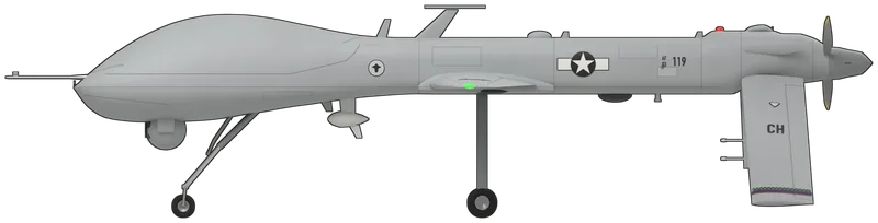 Side profile of the MQ-1B Predator, painted as 03-3119, the RAF Museum London’s General Atomics MQ-1B Predator, a Block 10 aircraft flown by the US Air Force’s 432nd Wing from Creech Air Force Base in Nevada, lent to the museum as the type was retired and hung in the Hendon hall since 2018: the remotely piloted reconnaissance and strike aircraft that made armed drones part of air warfare, 55 ft 3 in in span, with one turbocharged Rotax 914 piston engine driving a two-bladed pusher propeller at the tail, a bulbous nose housing the satellite-communications dish, a long, thin straight wing, an inverted-V tail with a small ventral fin under the propeller, and a sensor turret under the nose, shown standing level on its tricycle undercarriage without weapons: light grey overall with a low-visibility black-and-white star-and-bar and a black ‘AF 03’ and ‘119’ on each side of the rear fuselage, the 432nd Wing’s black ‘CH’ tail code and a small badge on the upper faces of the tail surfaces, a navy, red and green chequered band near each tail tip, a unit badge on the port side of the nose and a grey propeller with yellow tips, as displayed (in the museum it hangs with its main legs removed, the nose wheel retracted and a blanking plate in place of the sensor turret, so the undercarriage and turret follow in-service MQ-1Bs, and the star-and-bar above the port wing follows US Air Force practice rather than a photograph)