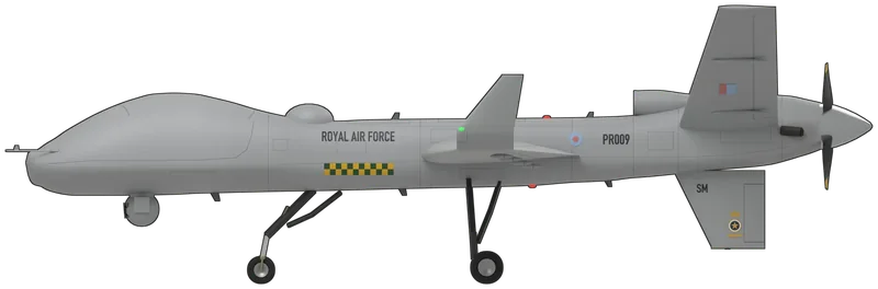 Side profile of the Protector RG1 (MQ-9B SkyGuardian), PR009, painted as PR009, a General Atomics Protector RG1 of No. 31 Squadron at RAF Waddington, Lincolnshire, the first Protector delivered to the United Kingdom, in October 2023: the RAF’s MQ-9B SkyGuardian, a remotely piloted reconnaissance and strike aircraft built to be certified to fly in civil airspace, flown by a pilot and a sensor operator on the ground, with a 24-metre wing ending in upturned winglets, a bulbous nose housing the satellite-communications dish, an electro-optical sensor ball under the nose, a V-tail with a ventral fin beneath it, a Honeywell turboprop driving a four-bladed pusher propeller at the tail and retractable tricycle undercarriage, shown standing level on its wheels without weapons: medium grey overall with black ‘ROYAL AIR FORCE’ and No. 31 Squadron’s green and yellow chequers on the forward fuselage, a low-visibility roundel and black ‘PR009’ aft of the wing, a red and pale blue flash on each tail surface, ‘SM’ and the squadron badge on the ventral fin, a low-visibility roundel under the starboard wing and a bright spinner with yellow-tipped blades, as photographed at its arrival in October 2023, on its first flight in UK airspace in November 2023 and on the Waddington runway in 2025 (no three-view of the MQ-9B is published, so the shape was taken from a side-on photograph of PR009 scaled to the published length and from a manufacturer’s overhead photograph of the MQ-9B demonstrator scaled to the published span; the markings on the starboard side of the rear fuselage and ventral fin mirror the port side, which the photographs show; no photograph shows the upper wing, so it carries no roundels; the badge is simplified and the small stencils are left off)