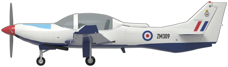 Side profile of the Prefect T1 (G 120TP-A), ZM309, painted as ZM309, a Grob G 120TP-A Prefect T1 of No. 57 Squadron, No. 3 Flying Training School, the elementary flying training squadron at RAF College Cranwell and RAF Barkston Heath, Lincolnshire, on which RAF, Royal Navy and Army pilots learn to fly: a two-seat aerobatic trainer with a carbon-composite airframe, a Rolls-Royce 250-B17F turboprop driving a five-bladed MT propeller, side-by-side seats under a one-piece canopy, a low tapered wing with dihedral and upturned winglets, a swept fin with a long dorsal fillet, a tailplane set low on the tail cone and retractable tricycle undercarriage: white overall with dark blue undersides, a dark blue belly band and wing-root glove, light blue panels on the cowling and diagonal light blue stripes on the wings and tailplanes, a red spinner and grey propeller blades, a red, white and blue roundel and black ‘ZM309’ on the rear fuselage, a red, white and blue fin flash with the squadron crest above it and ‘09’ near the top of the fin, and roundels near the wingtips above and below, as photographed on static display at RAF Cosford in 2016 and at the Royal International Air Tattoo in 2022 and 2023 (side profile taken from a side-on photograph of ZM309 scaled to the published length; plan and front views from a published drawing scaled to the published span; upper-wing stripes and undersides follow sister aircraft in the same scheme, where ZM309’s photographs cannot see them; the crest is simplified and the small stencils are left off)