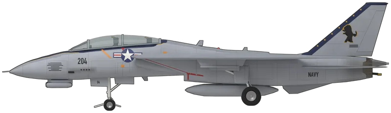 Side profile of the F-14D BuNo 161159, painted as Grumman F-14D Super Tomcat BuNo 161159, ‘AJ 204’ of VF-213 Black Lions, which flew the Tomcat’s last combat mission on 8 February 2006 and is displayed at the National Naval Aviation Museum, Pensacola, Florida: the US Navy’s two-seat swing-wing fleet defence fighter with two General Electric F110 turbofans, variable-sweep wings shown swept to 68 degrees, box intakes, twin canted fins, all-moving tailerons and the side-by-side chin sensor pod: Tactical Paint Scheme greys, a dark blue gold-edged band over the nose and canopy sills, black ‘204’ on the nose, dark blue fin leading edges with small yellow stars, a black lion on the outer fin faces and ‘AJ’ on the inner faces, as photographed at Pensacola (no F-14 is preserved in a UK museum; shape from a five-view drawing of the F-14D checked against photographs of the airframe)