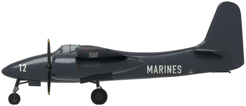 Side profile of the F7F-3 BuNo 80373, painted as Grumman F7F-3 Tigercat BuNo 80373 as displayed at the National Naval Aviation Museum, Pensacola, Florida: a single-seat twin-engined carrier and land-based fighter with two Pratt & Whitney R-2800 Double Wasp radials in long underslung nacelles, a slim fuselage with the cockpit well forward, a tricycle undercarriage, folding outer wings spanning 15.70 m and the enlarged fin of the later F7F-3s, shown level on its wheels: overall Glossy Sea Blue, a white ‘12’ on both sides of the nose and on the nose-wheel door, a blue name strip below the windscreen reading ‘Maj HARRY "SLIM" JOHNSON’, a large white ‘MARINES’ on the rear fuselage with the ‘F7F-3 80373’ stencil behind it, the 1947 star-and-bar under the starboard wing and ‘MARINES’ under the port wing, and black three-blade propellers with yellow tips (shape from AJ-Press F7F-3 and F7F-3N drawings scaled to the published span and length and checked against photographs of this aircraft; the star on the upper port wing follows standard practice, as no photograph of the upper surfaces was found, and the published height of 5.05 m belongs to the short-finned early Tigercats, so the tall fin follows the drawing)