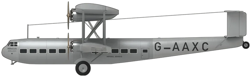 Side profile of the H.P.42W, G-AAXC ‘Heracles’, painted as G-AAXC ‘Heracles’, a Handley Page H.P.42W (the H.P.45) of Imperial Airways in about 1931–34, flown on the European routes from Croydon: a large four-engined biplane airliner with unequal-span wings, the lower wing set at the bottom of the fuselage and the upper wing above it, two Bristol Jupiter XFBM radials on the upper wing either side of the fuselage and two on the lower wing, a corrugated metal forward fuselage with an enclosed flight deck, forward and aft passenger cabins with large square windows, a fabric-covered rear fuselage and a biplane tail with three fins and rudders, shown tail down on its main wheels and tail wheel: overall aluminium dope and bare metal, ‘HERACLES’ and ‘IMPERIAL AIRWAYS’ on the nose, ‘IMPERIAL AIRWAYS’ under the aft cabin windows, the black registration ‘G-AAXC’ on the rear fuselage, across the upper wing and under the lower wings, and varnished wooden propellers, as photographed in the early 1930s (none of the eight H.P.42s survives; the shape was taken from a published three-view, with the forward cabin changed to the H.P.42W’s five-window layout from photographs of G-AAXC and its sister G-AAXF; the starboard aft-cabin lettering is assumed to mirror the port side, and the small stencil by the tail is unreadable in photographs)