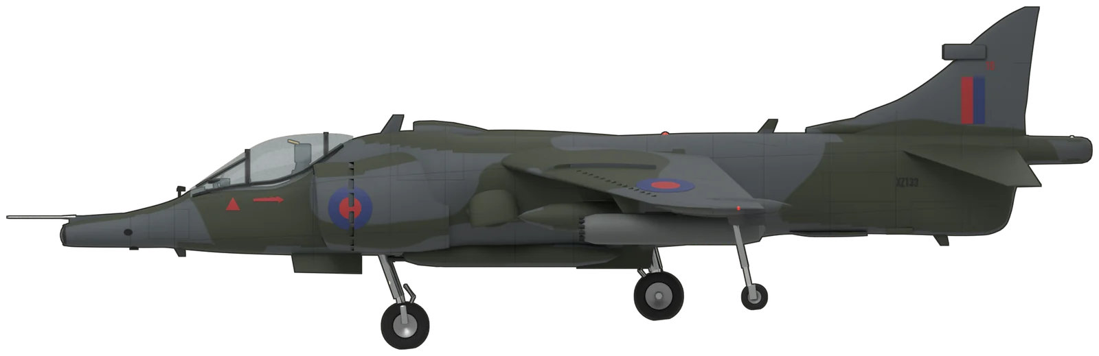 Side profile of the Hawker Siddeley Harrier, GR.3 XZ133, port side