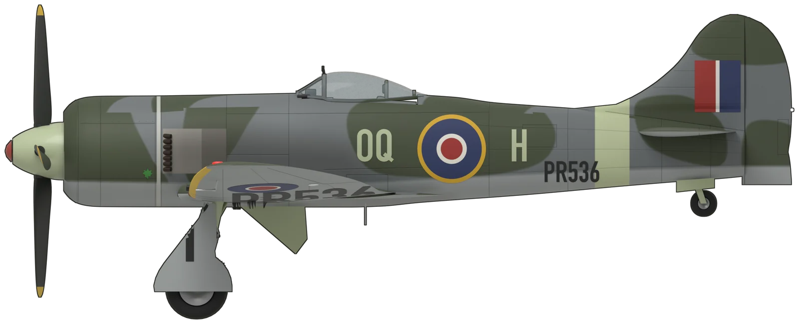 Side profile of the Hawker Tempest, Tempest II PR536 (‘OQ-H’), port side