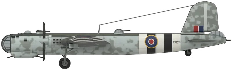 Side profile of the He 177 A-5 TS439, painted as Heinkel He 177 A-5/R6 Greif Werknummer 550062, formerly ‘F8+AP’ of 6./KG 40, as flown by the RAF as TS439 at the Royal Aircraft Establishment, Farnborough, in 1944–45: Germany’s only operational heavy bomber, with a coupled DB 610 power plant (two DB 605s geared to one four-blade propeller) in each of its two nacelles, a long glazed ‘cabin’ nose over a ventral Bola gondola, a dorsal barbette and turret, a raised tail-gunner’s position and a wing spanning 31.44 m, shown tail down on its twin-wheeled main legs: pale RLM 76 fuselage sides, nacelles and fin with a soft grey-green mottle, RLM 70 and 71 splinter upper wing, tailplane and spine, mid-grey undersides, five white and black bands round the rear fuselage and across the outer wings, RAF roundels on the fuselage and wings, a fin flash and the serial TS439 (no He 177 survives; shape from an He 177 A-1 three-view adjusted to the published A-5 changes and checked against wartime photographs of this aircraft; the photographs are black and white, so all colours are judged, and the guns are shown as short stubs as none are visible on TS439)
