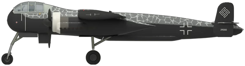 Side profile of the He 219 A-2 W.Nr 290202, painted as He 219 A-2 Werknummer 290202, the only surviving Heinkel He 219 Uhu, found at Grove in Denmark in May 1945, taken to the United States for evaluation as FE-614 (later T2-614), transferred to the Smithsonian in 1949 and restored for the Steven F. Udvar-Hazy Center, Chantilly, Virginia: a purpose-built two-seat night fighter with two Daimler-Benz DB 603 engines in annular-radiator nacelles, a stepped cockpit in the nose, a high-set shoulder wing, twin fins and rudders, a ventral gun tray and a tall tricycle undercarriage: black undersides, nose, lower fuselage, nacelle sides and fins, light grey upper surfaces under a dense grey mottle, thin corner-angle crosses on the fuselage and wings, a white-outlined swastika above ‘290202’ on each fin, off-white radiator rings, black spinners and propellers, and a clean nose with no radar aerials, as photographed at Udvar-Hazy (no He 219 is preserved in a UK museum; shape from a Wikimedia Commons three-view checked against photographs, with the undercarriage lengthened to the Smithsonian’s 4.10 m height as the photographs show; the mottle follows the photographs rather than tracing each blotch, the fuselage camouflage is mirrored side to side and the small stencils are left off)