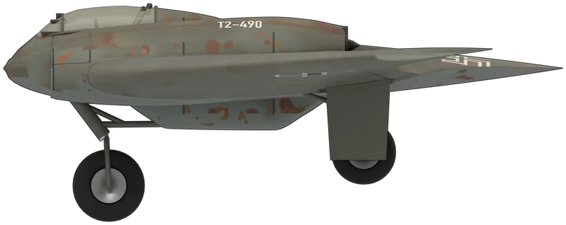 Side profile of the Ho 229 V3 (Ho IX V3) ‘T2-490’, painted as Horten Ho 229 V3 (Ho IX V3, Gotha Go 229 V3), the only surviving Ho 229, captured unfinished at Friedrichroda in April 1945 and held by the Smithsonian’s National Air and Space Museum at the Steven F. Udvar-Hazy Center, Chantilly, Virginia: a single-seat jet flying wing with no fuselage or tail, a steel-tube centre section carrying two Junkers Jumo 004B turbojets buried either side of the cockpit with their intakes in the leading edge and their exhausts over the upper surface, a bubble canopy, swept plywood outer wings, and a tall tricycle undercarriage that holds it nose-up: shown assembled on its wheels, as it was put together at Freeman Field in 1945–46, with the centre section in its conserved, unrestored state of faded grey-green over light blue-grey with rust along the steel cowlings and seams, a white ‘T2-490’ on the engine cowling, a white outline swastika near the trailing point and a crazed, yellowed canopy, and the outer wings in faded grey with black-and-white crosses, as photographed at the Udvar-Hazy Center 2016–2021 (no Ho 229 is in a UK museum; the outer wings are displayed separately and the undercarriage legs carry no wheels today, so the wheels follow 1945 photographs; the starboard markings are assumed to match the photographed port side; shape from a Ho IX line drawing and a Ho 229 V3 three-view scaled to NASM’s dimensions)