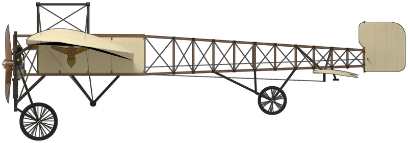 Side profile of the Humber Monoplane (1910), replica, painted as BAPC.9, the Humber Monoplane replica at the Midland Air Museum, Coventry, on loan from The Shuttleworth Collection: a Blériot XI replica made for the 1959 Royal Tournament and later fitted with a Humber three-cylinder engine to stand for the Blériot-pattern monoplanes Humber built at Coventry in 1909–10, a single-seat wire-braced monoplane with a 30 hp Humber air-cooled engine driving a two-bladed tractor propeller, a cambered wing warped for roll control, a fuselage covered round the cockpit and an open wooden girder behind, a tailplane with tip elevators, a large rounded rudder and a sprung chassis of two spoked wheels with a small tail wheel, shown standing tail-down on its wheels: cream doped linen, the gold Humber winged-wheel trade mark on both sides of the fuselage, dark-stained forward frame and chassis, mid-brown varnished rear girder, black steel cabane, pylon and chassis tubes, a honey-brown propeller and an aluminium crankcase with black finned cylinders, with no serial or registration on the airframe (the geometry follows a published Blériot XI three-view at the scale of Shuttleworth’s G-AANG, since no dimensions are published for the replica; the rudder is enlarged from photographs of BAPC.9)