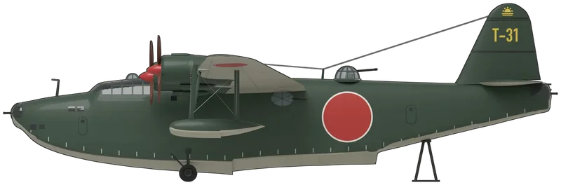 Side profile of the H8K2 c/n 426 ‘T-31’, painted as Kawanishi H8K2 Type 2 Flying Boat Model 12, manufacturer’s number 426, ‘T-31’ of the Imperial Japanese Navy’s 801st Kokutai, the only H8K to survive, as displayed at the JMSDF Kanoya Air Base Museum in Kagoshima: a large four-engined patrol flying boat with four Mitsubishi Kasei 22 radials in long nacelles on a high, tapered wing spanning 38 m, a deep, narrow two-step hull with a glazed bow turret, a stepped cockpit, a dorsal turret and beam blisters, fixed strut-braced wingtip floats, a tall single fin and a 20 mm cannon in the tail, shown level on its beaching gear: IJN dark green upper surfaces and hull sides down to the chine, a light grey planing bottom, light grey undersides to the wings, tailplane and floats, red hinomaru outlined in white on the hull and plain on the wings, yellow leading edges on the inner wings, a yellow ‘T-31’ and a small yellow emblem on the fin, white draft marks along the hull, and red-brown propellers with red spinners (no H8K is in a UK museum; shape from H8K three-views scaled to the published dimensions and checked against photographs of this aircraft at Kanoya and Tokyo; window and hatch positions, the wing-root fillet and the float struts are approximated, and the two dark bands across the fin are painted as photographed)