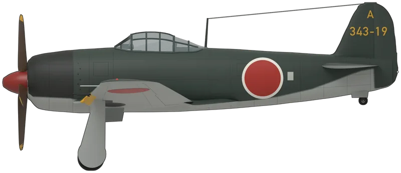 Side profile of the N1K2-J c/n 5128 ‘A343-19’, painted as Kawanishi N1K2-J Shiden-Kai (Allied name ‘George’) manufacturer’s number 5128, tail code A343-19 of the 343rd Kokutai, Imperial Japanese Navy, shipped to the United States after the war for evaluation as T2-N306 and now displayed indoors at the National Naval Aviation Museum, Pensacola, Florida: a single-seat land-based navy interceptor with a close-cowled Nakajima Homare radial and a four-blade propeller, a bubble-topped canopy, a low-set wing with four 20 mm cannon and rounded tips, and a tall rounded fin and rudder, shown tail down on its main wheels and tail wheel: dark green upper surfaces and fuselage sides with a black-green cowling over silver-grey undersides, yellow identification strips on the inner wing leading edges, a white-ringed red hinomaru on each side of the fuselage and plain red hinomaru above and below the wings, a yellow ‘A’ and ‘343-19’ on the fin and rudder, a red spinner and brown blades with yellow tips, as photographed at Pensacola (no Shiden is in a UK museum; shape from Nohara Shigeru’s N1K2-Ja three-view checked against photographs of 5128; the hand-painted tail code is approximated in a stencil face, and the small stencils, the rudder maintenance marking and the museum tags on the leg doors are left off)