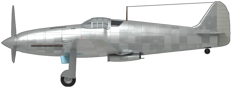 Side profile of the Ki-61-II KAI 6117, painted as Kawasaki Ki-61-II KAI Hien production No. 6117 (long published as 5017), the only surviving Ki-61, as displayed at the Kakamigahara Air and Space Museum, Gifu, after its restoration by Kawasaki Heavy Industries in 2015–16: a slim single-seat fighter with a licence-built Daimler-Benz inverted-V12 under a long pointed cowling with rows of exhaust stubs, a three-blade propeller, a ventral radiator bath under the centre fuselage, a long, slender, high-aspect-ratio wing with rounded tips, a razorback rear fuselage behind a framed canopy and a tall rounded fin and rudder, shown tail down on its wheels: unpainted bare aluminium in a patchwork of brighter and duller panels, doped-silver fabric ailerons, elevators and rudder, blue-green aotake in the wheel wells and on the inner faces of the undercarriage doors, black main legs, bare-metal spinner and blades with a red-brown ring at the back of the spinner, and no national markings, as photographed on display (no Ki-61 is in a UK museum; shape from a Ki-61-I three-view with the II KAI’s longer nose and razorback tail taken from Ki-100 drawings, checked against photographs of this aircraft; the pattern of light and dark panels and the starboard exhaust row are approximated)