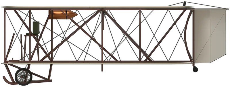 Side profile of the Annular Biplane (1911) replica, painted as BAPC.20, the full-size replica of the Lee-Richards Annular Biplane built in 1964 for the film ‘Those Magnificent Men in their Flying Machines’ and shown at Newark Air Museum: J. G. A. Kitchen’s experimental single-seat biplane of 1911, finished by Cedric Lee and G. Tilghman Richards, with two superimposed ring-shaped wings 20 ft across, each with a 10 ft hole in the middle, a wooden girder fuselage running through both rings, balancer panels hung from the outer struts, a tail of a flat tailplane over a zig-zag pair of fins, and a chassis of two skids each carried on a pair of spoked wheels, shown sitting slightly tail-down on its wheels and tail castors with no engine or propeller fitted, as displayed: off-white doped linen rings with the ribs and spars showing through, a varnished mahogany girder, hoops, struts and skids, white tail surfaces, a copper fuel tank, a green seat and black wheels, with no markings (no drawing of the biplane is known, so the shape was measured from photographs of the replica and the 1911 original, using the museum’s ring dimensions)