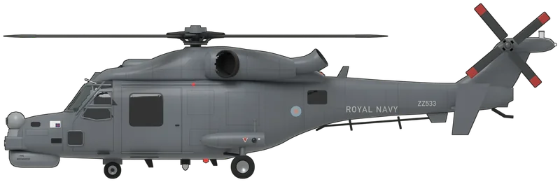 Side profile of the Wildcat HMA2, ZZ533, painted as ZZ533, a Leonardo (AgustaWestland) AW159 Wildcat HMA2 of the Fleet Air Arm’s 815 Naval Air Squadron, RNAS Yeovilton, flying with HMS Westminster’s flight: the Lynx’s Yeovil-built successor, with the Lynx’s cabin behind a longer nose carrying the Seaspray 7400E radar in a chin radome and an electro-optical turret on the nose shelf, two LHTEC CTS800 turboshafts in bulged cowlings with outward-facing intakes and upswept exhausts, a four-bladed BERP IV main rotor, a new tail boom with a swept tail pylon, the four-bladed tail rotor on the port side and a tailplane with large end plates, sponson pods either side of the cabin and wheeled tricycle undercarriage with a deck-lock harpoon: plain medium grey overall with low-visibility roundels, pale grey ‘ROYAL NAVY’ and ‘ZZ533’ on the tail boom, black ‘HMS WESTMINSTER’ on the radome, the ship’s crest on the nose, red and white danger triangles and a yellow rescue arrow, as photographed at ILA Berlin in June 2019 (shape from a published three-view checked against photographs of ZZ533 and ZZ529; main rotor parked at 45 degrees; no weapons fitted, as in the photographs)