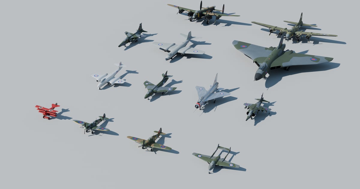The Hangar line-up: side profiles of the modelled aircraft in a row