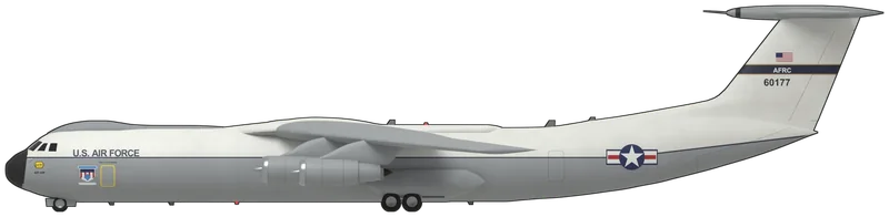 Side profile of the C-141C 66-0177 ‘Hanoi Taxi’, painted as C-141C 66-0177, ‘Hanoi Taxi’, built as a C-141A, stretched to C-141B and upgraded to C-141C, which on 12 February 1973 flew the first freed American prisoners of war out of Hanoi in Operation Homecoming, made the last Starlifter flight in May 2006 and is displayed at the National Museum of the United States Air Force, Dayton, Ohio: a four-engined strategic jet transport with a long circular-section fuselage, a high wing swept at 25 degrees with marked anhedral carrying four Pratt & Whitney TF33 turbofans in pods on pylons, a T-tail with a bullet fairing on top of the fin, main wheels in sponsons on the fuselage sides, a refuelling-receptacle fairing above the flight deck and clamshell doors and a ramp under the upswept tail: white upper fuselage and fin over light grey, divided by a thin dark blue cheatline, a black radome, ‘U.S. AIR FORCE’ in dark blue behind the flight deck, a yellow ‘0177’ hexagon and ‘445 AW’ under the windscreen, ‘FIRST C-141 TO HANOI’ above the port crew door with the 4th Allied P.O.W. Wing badge, the star-and-bar on the rear fuselage and a gold-edged dark blue fin band with ‘AFRC’ under the US flag and above ‘60177’, as photographed at Dayton (no C-141 is preserved in a UK museum; shape from a Lockheed C-141A three-view with the C-141B’s two fuselage plugs added; the doors are shown closed and the small stencils are left off)