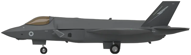 Side profile of the F-35B Lightning, painted as ZM166, a Lockheed Martin F-35B Lightning of No. 617 Squadron, Royal Air Force, flying from RAF Marham and the Royal Navy’s aircraft carriers, as photographed at the Royal International Air Tattoo in 2025: the short take-off and vertical landing version of the F-35 that the RAF and Royal Navy fly together, 35 ft in span, with one Pratt & Whitney F135 afterburning turbofan exhausting through a three-bearing swivel nozzle, a shaft-driven lift fan behind the cockpit, caret intakes with diverterless bumps either side of a chined, faceted nose, a trapezoidal wing, twin outward-canted fins, all-moving tailplanes and a frameless one-piece canopy, shown standing level on its tricycle undercarriage in cruise configuration with every door closed and no external stores: dark grey radar-absorbent finish overall with a gold-tinted canopy, a pale low-visibility ring roundel and a pale ‘032’ on each side of the nose, the squadron’s lightning-bolt badge and ‘032’ on both fins, ‘ZM166’ on the tail booms, pale formation-light strips and serrated door seams, in service (the RAF Museum’s full-scale model at Hendon is a 1998 F-35A display mock-up of a different shape, so a real RAF airframe is shown instead; no photograph showed upper-wing roundels, so none are painted, and the main-wheel track is taken from a single head-on photograph)