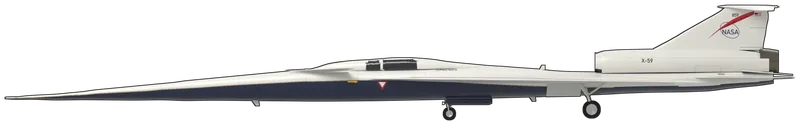 Side profile of the X-59 NASA 859 (N859NA), painted as Lockheed Martin X-59 QueSST NASA 859, registered N859NA, the only one built, by the Skunk Works at Palmdale, California, which first flew on 28 October 2025 and flies quiet-supersonic research for NASA from the Armstrong Flight Research Center at Edwards: a single-seat research aircraft about 99 ft 7 in long with a slender nose that takes up about a third of its length, shaped to soften its sonic boom into a quiet thump, a cockpit set far back with side windows but no forward windscreen (the pilot sees ahead through the eXternal Vision System camera), small canards beside the cockpit, a thin swept compound-delta wing, one General Electric F414 engine in a nacelle on top of the rear fuselage, an all-moving tailplane low at the rear and a small T-tail on top of the fin: white upper surfaces with a dark navy underside edged by a thin gold line, a thin red line along the leading edges, light grey undersides to the wing and tail, the NASA logo, ‘859’ and a US flag on the fin, ‘X-59’ on the engine nacelle and ‘N859NA’ and ‘LOCKHEED MARTIN’ on the fuselage, as photographed at Palmdale and Edwards (no X-59 is in a museum; shape from the NASA configuration four-view checked against NASA photographs; the Skunk Works badge, stencils and photo-calibration targets are left off)