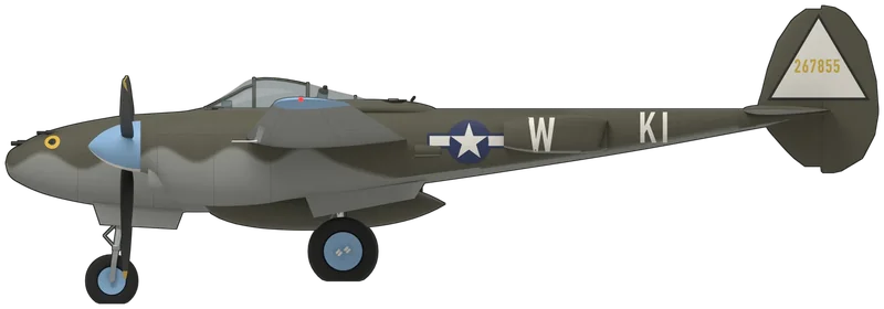 Side profile of the P-38L-5-LO 44-53232, as P-38J 42-67855 ‘KI-W’, painted as P-38L-5-LO 44-53232, a Lockheed P-38 Lightning later flown by the Honduran Air Force as FAH505 and displayed since 1961 at the National Museum of the United States Air Force, Dayton, Ohio, where it is painted as P-38J-10-LO 42-67855 ‘KI-W’ of the 55th Fighter Squadron, 20th Fighter Group, flown from Kings Cliffe, Northamptonshire, in 1944 by 2nd Lt Royal D. Frey: a single-seat twin-engined fighter with a short central gondola carrying the cockpit and the nose guns, two Allison V-1710 engines with turbo-superchargers in long booms that run back to twin oval fins joined by the tailplane, the late deep chin intakes under the spinners, a tricycle undercarriage and two drop tanks under the centre section: olive drab above over neutral gray with a wavy demarcation along the gondola and nacelles, spinners split into light blue and white halves, light blue wing tips, black propeller blades with yellow tips, yellow rings round the outer nose gun ports, the star-and-bar, ‘W’ and ‘KI’ on the outboard side of each boom, and a white triangle on each fin carrying the serial ‘267855’ in yellow, as photographed between 2009 and 2022 (no P-38 is preserved in a UK museum; shape from a dimensioned Lockheed three-view of the P-38L; the starboard and upper wing-tip colour and the wing insignia positions are not photographed and follow standard practice, the inboard faces of the booms and fins are left plain, and the small stencils are simplified)