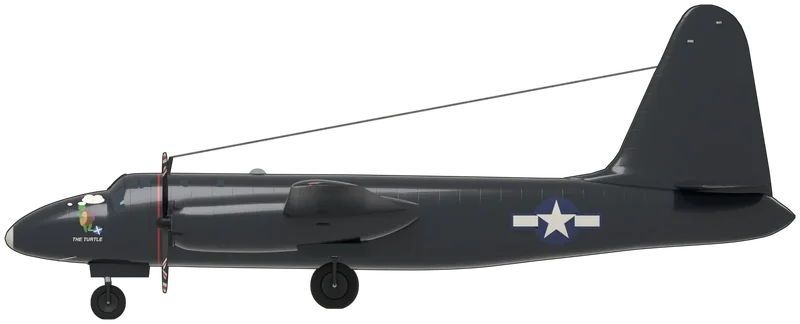Side profile of the P2V-1 BuNo 89082, painted as Lockheed P2V-1 Neptune BuNo 89082, ‘The Truculent Turtle’, which flew 11,235 miles from Perth, Australia, to Columbus, Ohio, without refuelling in 1946 and is displayed at the National Naval Aviation Museum, Pensacola, Florida: the US Navy’s twin-engined long-range patrol bomber with two Wright R-3350 radials, a high-aspect-ratio shoulder wing, tall single fin and tricycle gear, stripped of its turrets for the record flight with a streamlined metal nose: overall gloss sea blue, a thin red stripe round the forward fuselage, ‘The Turtle’ nose art of a pipe-smoking turtle pedalling a propeller, 1943–47 star-and-bar insignia on the rear fuselage and small white ‘NAVY’ and ‘89082’ on the fin, as photographed at Pensacola (no P2V-1 is preserved in a UK museum; shape from the US Navy Bureau of Aeronautics drawing of the P2V-4 checked against photographs of the airframe)