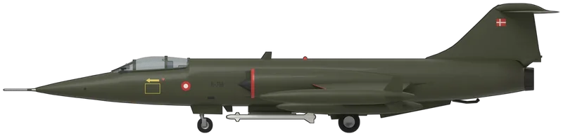 Side profile of the F-104G, painted as R-756, the Midland Air Museum’s Lockheed F-104G Starfighter, built by Canadair in Montreal (c/n 683D-6101) under the US Military Assistance Program as 64-17756 and shipped to Denmark in 1965, flown by the Royal Danish Air Force’s 723 and 726 Squadrons from Aalborg until a heavy landing in September 1984 ended its flying, and airlifted to Coventry by C-130 in April 1987, its restoration completed in 1997: Lockheed’s Mach 2 interceptor turned NATO strike fighter, a single-seat fighter of 21 ft 11 in span with one General Electric J79 afterburning turbojet, a long needle nose with a pitot boom, a tiny, razor-thin trapezoidal wing with 10 degrees of anhedral, half-cone shock bodies in D-shaped intakes, a T-tail with an all-moving stabilator on top of the fin and a ventral fin, shown standing level on its tricycle undercarriage with the canopy closed, tip tanks with fins, two pylon tanks under the wings and a pair of white AIM-9 Sidewinders on a centreline launcher: the Danish scheme it wears at Coventry, dark olive green overall with red intake lips and dark grey shock cones, Danish roundels on the forward fuselage and on top of the wing tips, a low-visibility grey ‘R-756’ on each side, a Danish flag high on the fin, a thin red line along the wing leading edges, yellow rescue markings and red warning triangles below the canopy and the names of the pilot and crew chief in white under the starboard cockpit (no photograph shows the undersides flat, so they are left plain green)