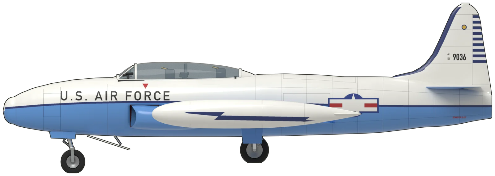 Side profile of the Lockheed T-33 Shooting Star, T-33A 51-9036, port side