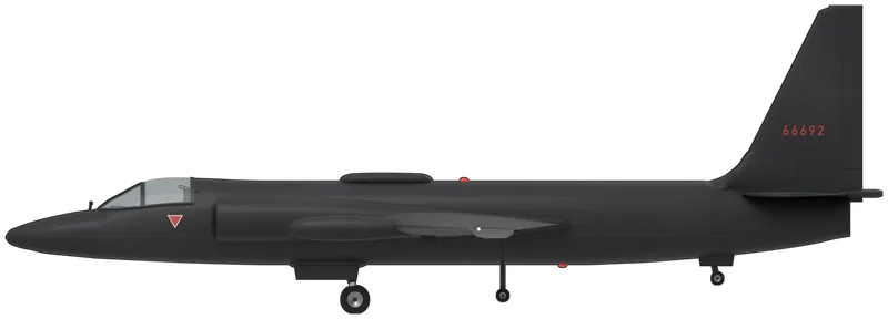 Side profile of the U-2C, painted as 56-6692, IWM Duxford’s Lockheed U-2C and the only U-2 in a British museum, delivered in October 1956 as the nineteenth U-2 built (Article 359), flown on overflights from Giebelstadt in West Germany and later in the CIA and Republic of China programme from Taoyuan, Taiwan, rebuilt after a ground fire in 1972 as the first two-seat U-2CT trainer, converted back to a single-seat U-2C at RAF Alconbury in 1991 and taken by road to Duxford, where it hangs in the American Air Museum: Lockheed’s high-altitude reconnaissance aircraft, a single-seat jet glider of 80 ft span with one Pratt & Whitney J75 turbojet fed by D-shaped intakes beside the cockpit, a long, slender, straight wing with slipper pods beneath it, a small canopy, a dorsal hatch fairing behind it and a tall fin, shown standing nose-up on its bicycle undercarriage with twin tail wheels and the pogo outriggers a parked U-2 carries, rather than gear-up as it hangs at Duxford: overall matt blue-black, faded in patches, a red ‘66692’ on each side of the fin, a red and white warning triangle below each side of the canopy, red beacons on the spine and the belly and bare metal skids under the wing tips (no national insignia or ‘USAF’ titles, as on the aircraft today)