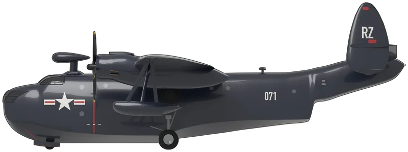 Side profile of the PBM-5A BuNo 122071, painted as Martin PBM-5A Mariner BuNo 122071, the only complete Mariner left, on loan from the Smithsonian to the Pima Air & Space Museum, Tucson, Arizona, and marked as an aircraft of Transport Squadron 21 (VR-21), NAS Barbers Point, around 1950: a US Navy patrol and rescue flying boat converted to an amphibian, with a deep two-step hull, a gull wing spanning 35.97 m, two Pratt & Whitney R-2800 radials in long nacelles, fixed wing-tip floats, twin oval fins canted inward on a dihedral tailplane, a radar pod on a pylon behind the flight deck and a faired tail cone in place of the tail turret, shown standing on its tricycle landing gear: overall glossy sea blue, white star and bar with red stripes on the bow, a red propeller warning line, ‘071’ in white on the rear hull, the VR-21 code ‘RZ’ in white on both fins, and black propellers with yellow tips (shape from the Bureau of Aeronautics PBM-5S three-view checked against photographs of this aircraft; the national insignia’s blue disc is not shown as it cannot be seen against the sea blue in any photograph, and no wing insignia are shown as none is visible in the photographs)