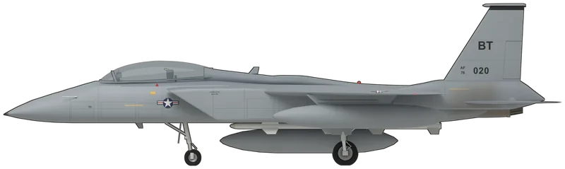 Side profile of the F-15A, painted as 76-0020, IWM Duxford’s McDonnell Douglas F-15A Eagle, an F-15A-15-MC built for the US Air Force and now shown in the American Air Museum: the US Air Force’s single-seat, twin-engined air-superiority fighter, 42 ft 10 in in span, with two Pratt & Whitney F100 afterburning turbofans fed by large rectangular variable-ramp intakes either side of the cockpit, a broad flat fuselage with a shoulder-set cropped-delta wing, twin fins, all-moving tailplanes with a dogtooth leading edge, a large bubble canopy and a dorsal airbrake, shown standing on its tricycle undercarriage with three 600 US gallon drop tanks, four AIM-7 Sparrow missiles on the lower fuselage corners and empty rails on the wing pylons: ‘Compass Ghost’ grey camouflage, darker grey on top and lighter grey on the sides and undersides, a grey radome with a small black tip, black bands under the fin-tip fairings, a full-colour star-and-bar on the forward fuselage, the 36th Tactical Fighter Wing’s black ‘BT’ tail code over ‘AF 76’ and ‘020’ on the outer faces of the fins and ‘020’ on the nose-gear door, as repainted for display (in the museum it hangs from the roof with its undercarriage up; the model shows it on its wheels, the port upper-wing star-and-bar follows standard US Air Force practice rather than a photograph, and the grey shades are judged by eye under museum lighting)